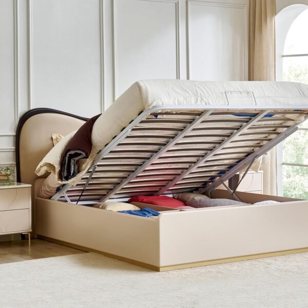 Sereno Luxe Upholstered Bed With Curved Wooden Backrest Sereno Luxe Upholstered Bed With Curved Wooden Backrest