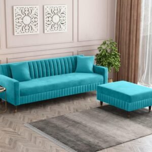 Aqualine Teal Channel-tufted Sofa With Ottoman Aqualine Teal Channel-tufted Sofa With Ottoman