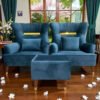 Blue Velvet Wingback Chair With Ottoman