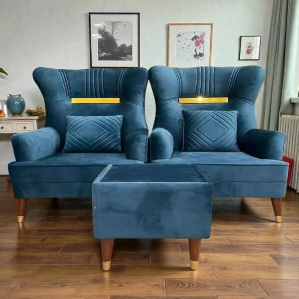 Blue Velvet Wingback Chair With Ottoman