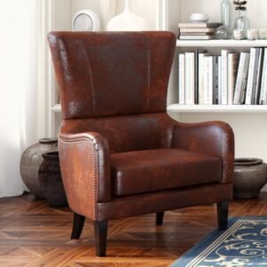 Classic Brown Leather Wing Chair For Living Room And Study