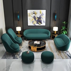 Verdea Curve Green Upholstered 6-seater Sofa + 2 Puffies+2 High Back Chairs Verdea Curve Green Upholstered 6-seater Sofa + 2 Puffies+2 High Back Chairs